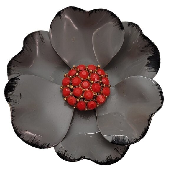 Vintage Scarlet Red Rhinestone And Gray Metal Flower Brooch Pin E650 - Picture 2 of 9